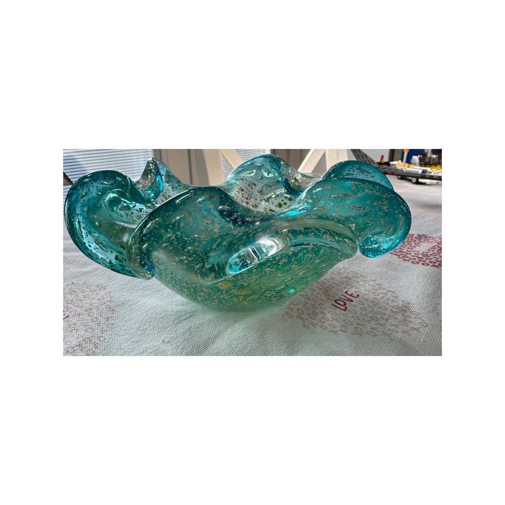 Vtg Murano Bollinato Blue Metallic Gold Fleck Scalloped Art Glass Bowl Ashtray - Picture 6 of 16